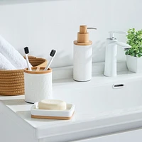 hometrends Porte-savon en nid d’abeille, porte-savon en grès blanc avec garniture en bois pour ranger le savon dans la salle de bain ou la cuisine Porte-savon en grès et en bois