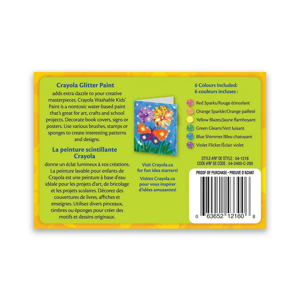 6 pots de peinture lavable, couleurs pailletées Crayola 6 pots de 59 mL dans une palette de couleurs