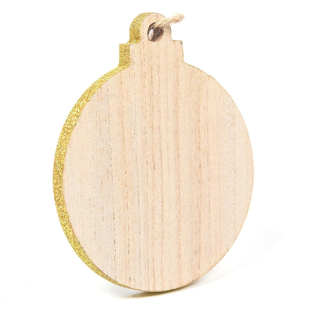 On the Surface boule de Noël en bois avec bordure pailleté dorée, ornement ou étiquette-cadeau avec ficelle en jute pour l’accrocher