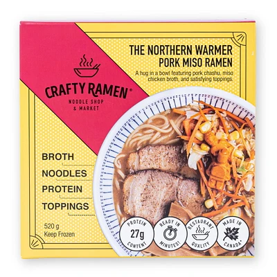 Pork Miso Ramen, Restaurant-Quality Frozen Ramen - 520g, 27g Protein per serving. Includes: broth, noodles, protein, toppings. Ready in minutes.