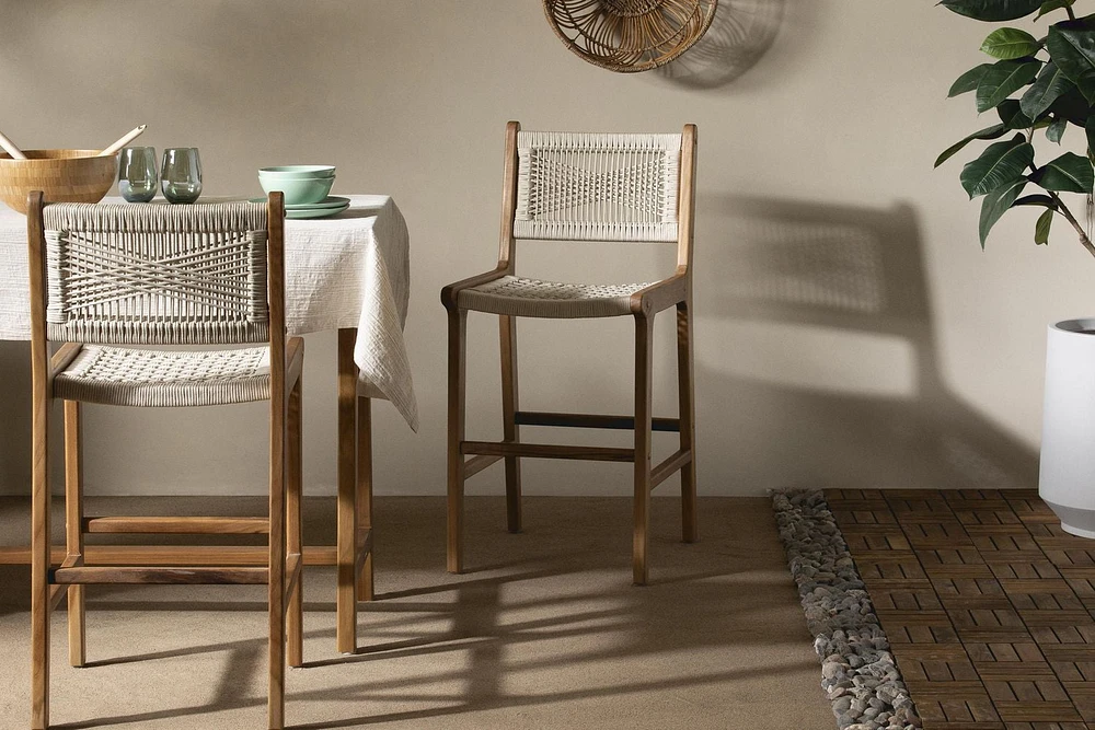 Tabouret en corde tressée et en bois de teck<br><br>