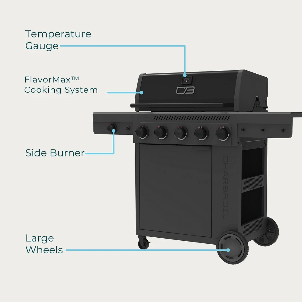 Barbecue à gaz Performance Series FlavorMax 5 brûleurs avec armoire, brûleur latéral et plaque de cuisson de 12 pouces. Performance Series FlavorMax 5 brûleurs