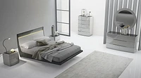 K-Living Asher Grey Lacquer Finish Double-Size Bed with PU Padded Headboard and One-Touch LED Light