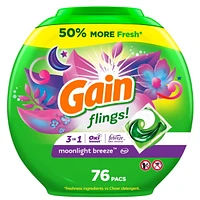 Capsules de détergent à lessive Gain Flings, capsules de détergent HE 3 en 1 avec Oxi Boost et Febreeze, parfum Brise nocturne 76CT