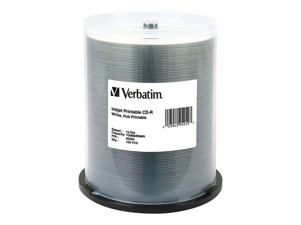 Verbatim 700MB 52x Inkjet Hub Printable CD-R - White - 100 Pack