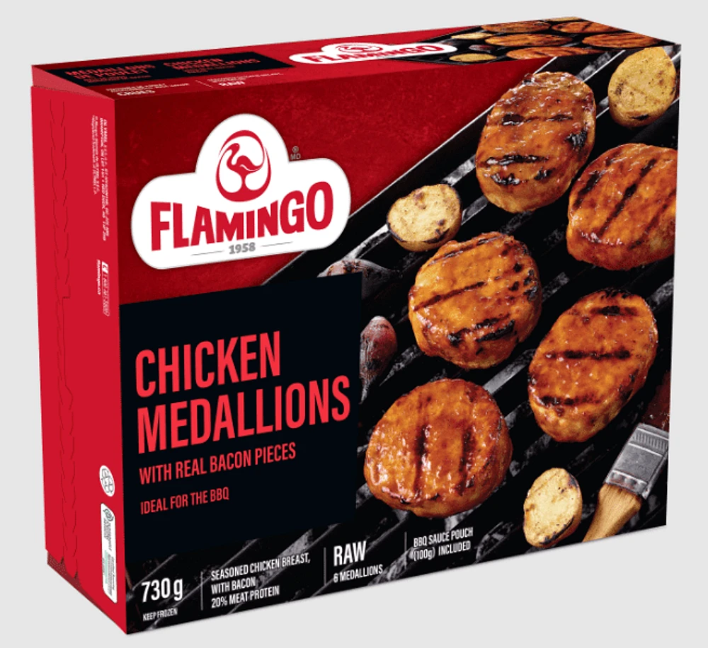 Flamingo Chicken Medallion with Bacon, Chicken Medallion with bacon - Seasoned chicken breast , with bacon, raw