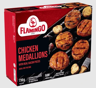 Flamingo Chicken Medallion with Bacon, Chicken Medallion with bacon - Seasoned chicken breast , with bacon, raw