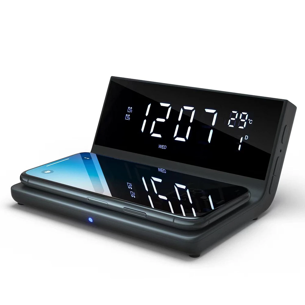Westclox Wireless Charging Digital Alarm Clock with USB Port and Large LED Display with Day, Date and Temperature