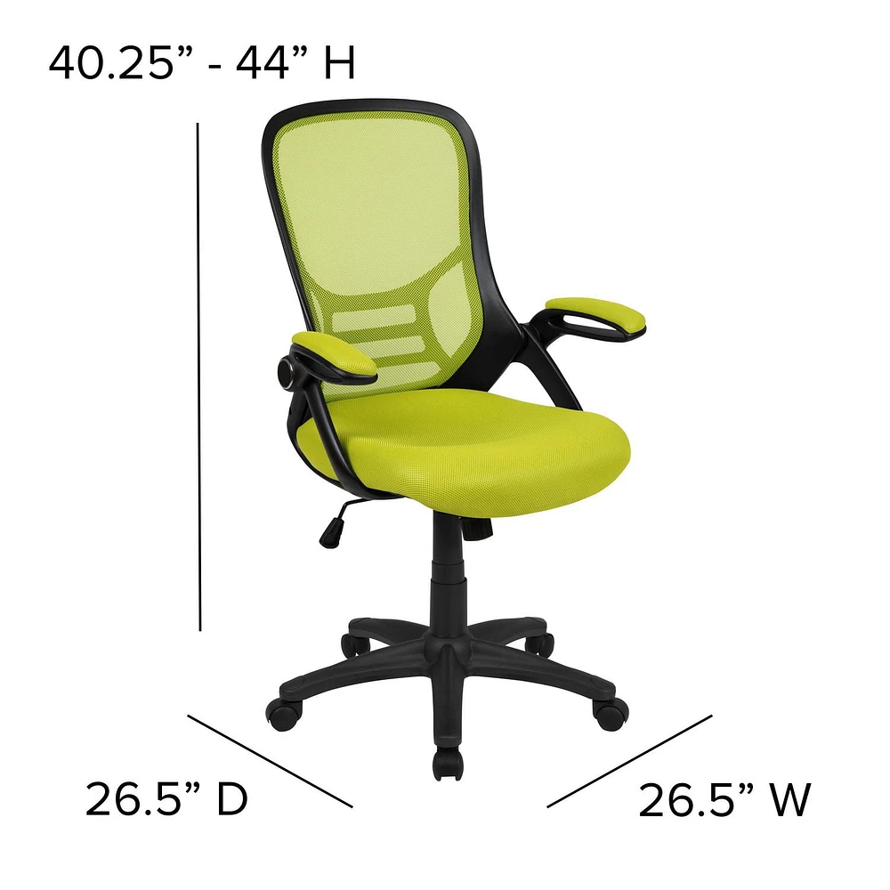 Chaise de bureau ergonomique pivotante en maille verte à dossier haut avec cadre noir et bras rabattables