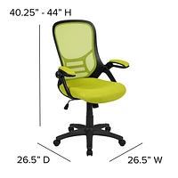 Chaise de bureau ergonomique pivotante en maille verte à dossier haut avec cadre noir et bras rabattables