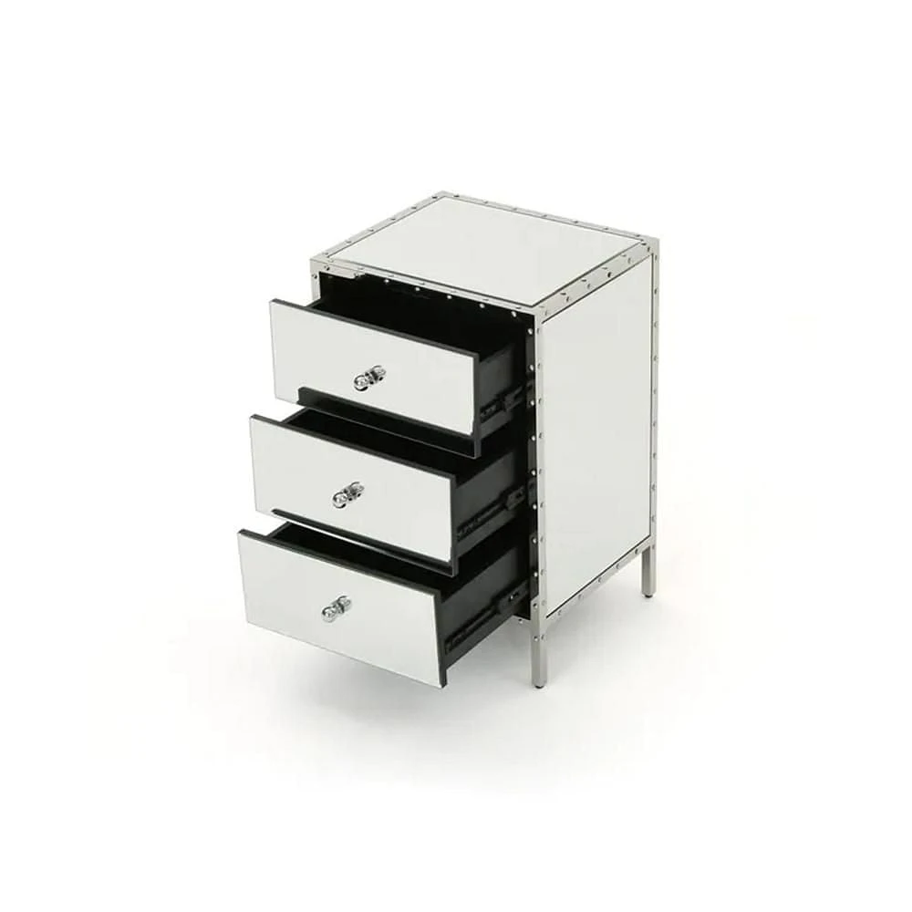 Neyri Mirrored Nightstand, Mirrored Nightstand, Bedroom Nightstand, MDF Nightstand, Mirrored Bedside Table, Silver Nightstand, Three Drawer Nightstand with Clear Knobs