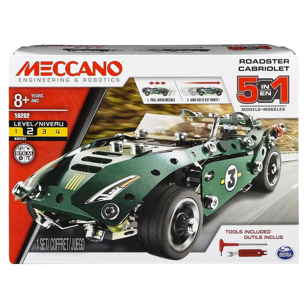 Meccano – Cabriolet à construire 5 en 1 de la gamme S.T.I.M avec roues et pièces mobiles
