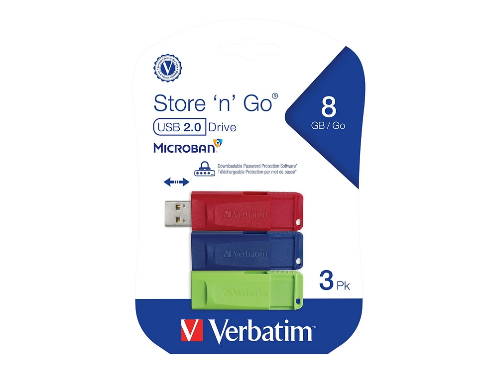 VERBATIM 8GB Store 'n' Go USB Flash Drive - 3pk - Red, Green, Blue