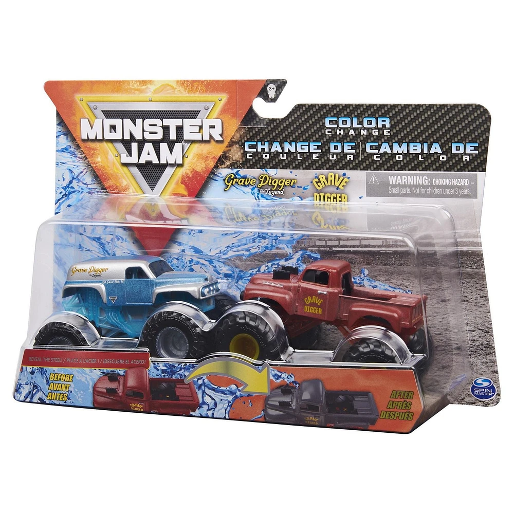 Monster Jam, Monster trucks Grave Digger vs Grave Digger (1982 Retro) officiels qui changent de couleur en métal moulé, échelle 1:64