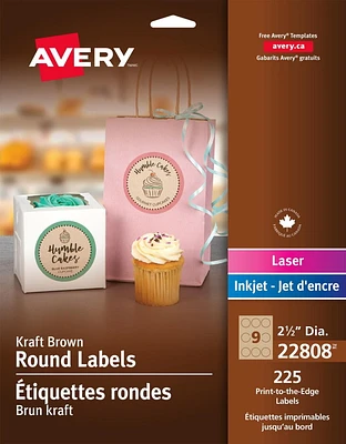 Avery Kraft Brown Round Labels 2½" Diameter,  for Laser and Inkjet Printers - 22808