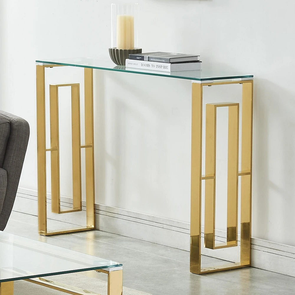 Console/bureau contemporain en acier inoxydable et verre – doré