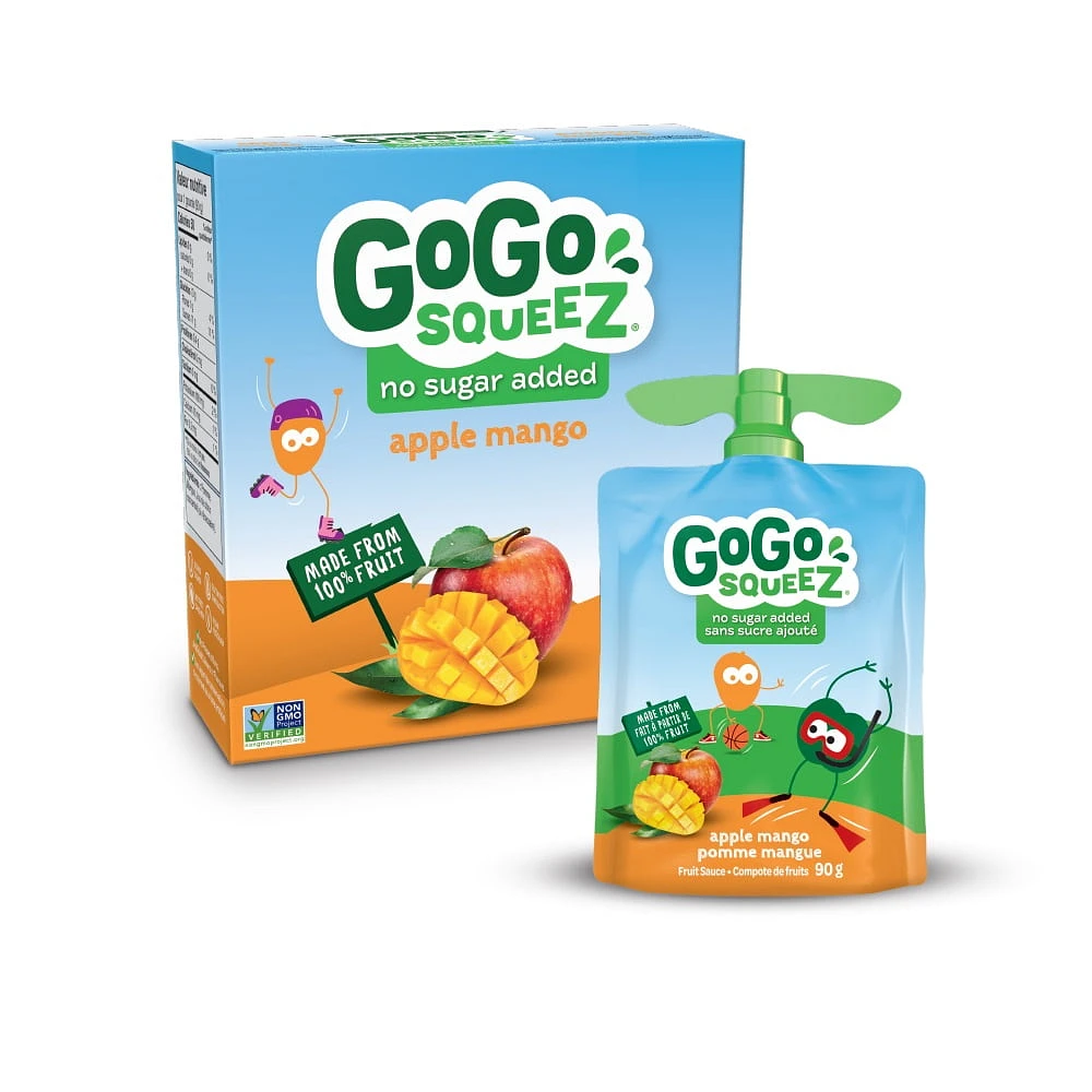 Compote de fruits GoGo squeeZ, pomme mangue, sans sucre ajouté. 90 g par gourde, emballage de 4 4 gourdes x 90 g (360 g)