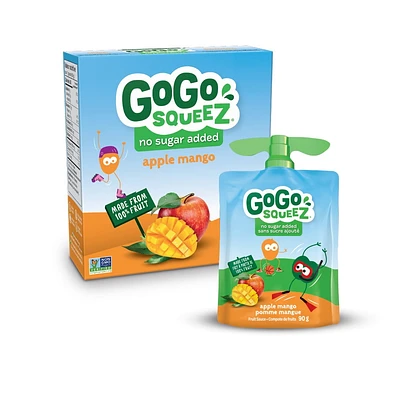 Compote de fruits GoGo squeeZ, pomme mangue, sans sucre ajouté. 90 g par gourde, emballage de 4 4 gourdes x 90 g (360 g)