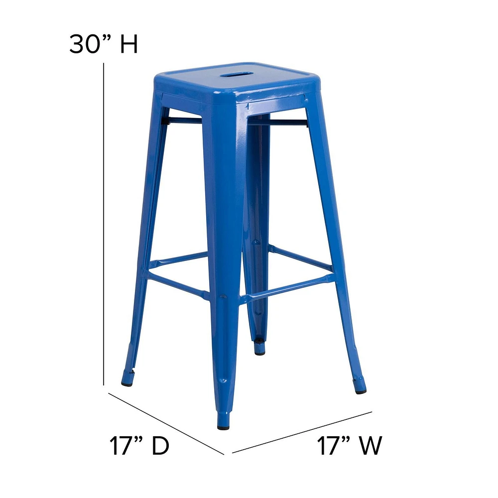 30'' High Backless Blue Metal Indoor-Outdoor Barstool with Square Seat