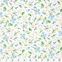Tissu au mètre en coton Fabric Creations à motif de blanc avec des tiges de fleurs jaunes, bleues et roses