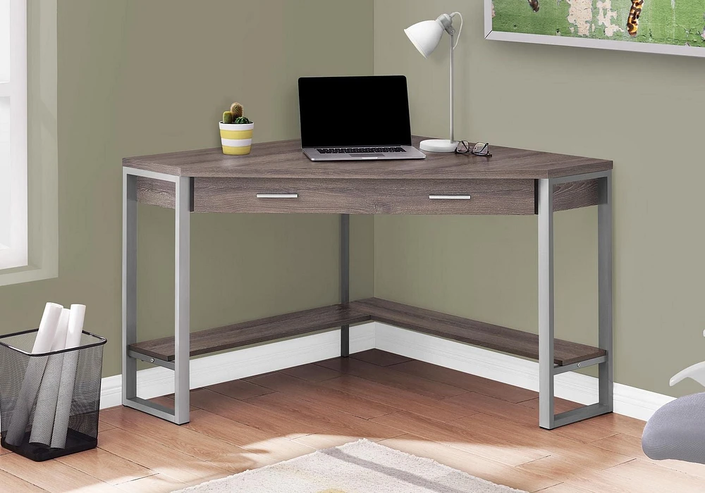 Monarch Specialties Bureau, Bureau À Domicile, Coin, Tiroirs De Rangement, 42"l, Travail, Ordinateur Portable, Métal, Stratifié, Brun, Gris, Contemporain, Moderne
