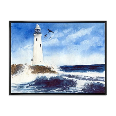 Designart Phare sur l'île rocheuse avec des mouettes ART MURAL À CADRE FLOTTÉ