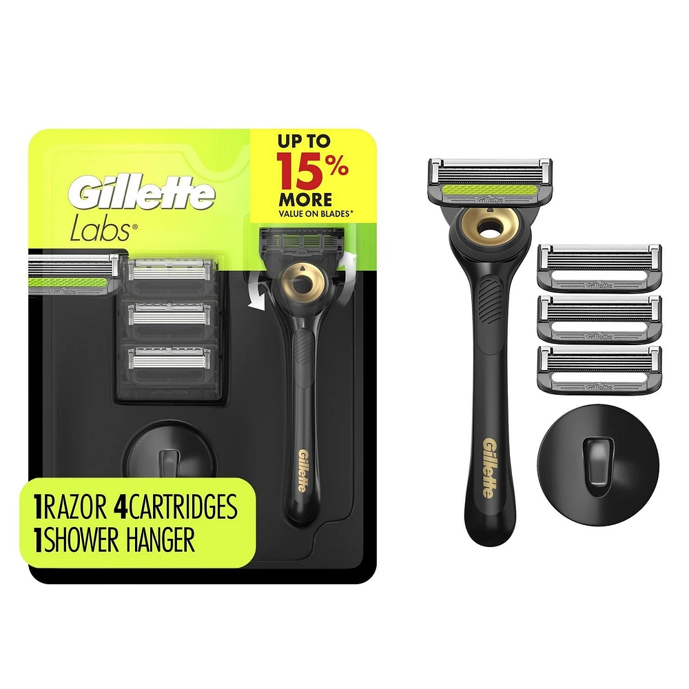 GilletteLabs with Exfoliating Bar Shaving Razor for Men, Black & Gold Edition, 1 Handle, 4 Blade Refills, 1 Magnetic Shower Hanger, 1CT