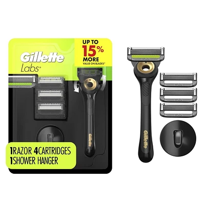 GilletteLabs with Exfoliating Bar Shaving Razor for Men, Black & Gold Edition, 1 Handle, 4 Blade Refills, 1 Magnetic Shower Hanger, 1CT