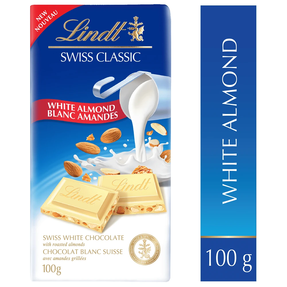 Lindt SWISS CLASSIC White Chocolate Almond Bar, 100 g, LINDT SWISS CLASSIC WHITE ALMOND 100G