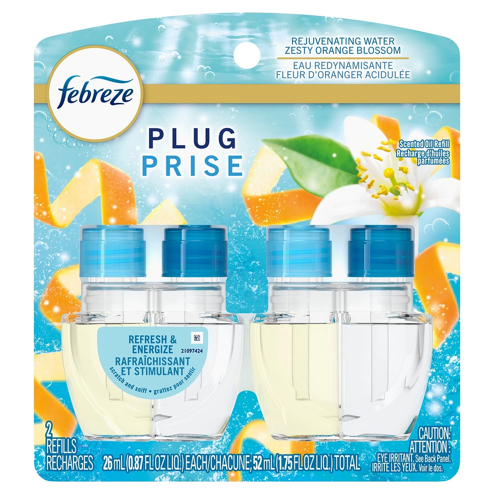 Febreze Plug In Air Freshener, Odor-Fighting Scented Oil Refill, Refresh & Energize, 2 Refills, 52ML
