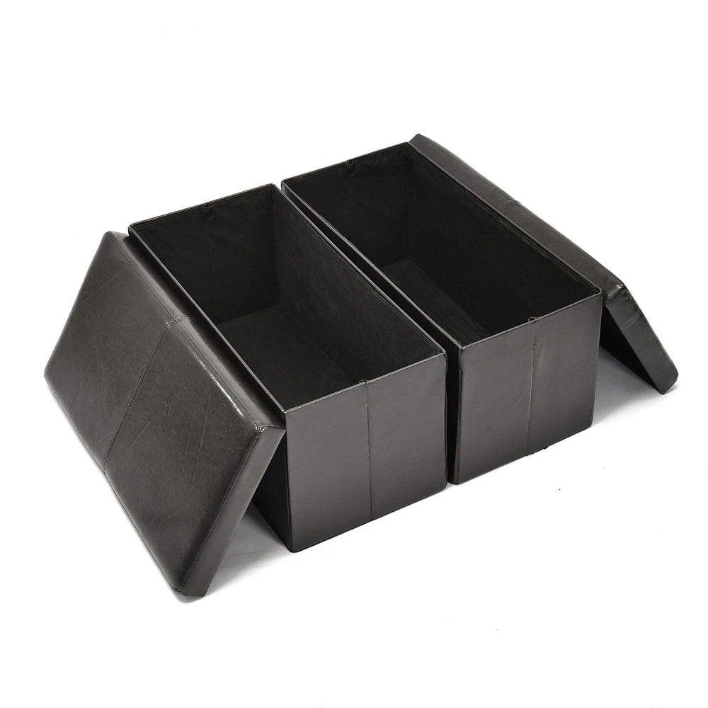 Homy Casa Folding Chair Bench Set of 2 - Foldable Faux Leather PU Storage Ottomans with Soft Padded Top, Black