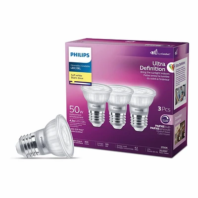 PHILIPS 4.4W 50W PAR16 Medium Base Soft White Ultra High Definition Dimmable LED Light Bulbs - 3 Pack, Philips 50W LED PAR16