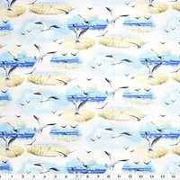 Fabric Creations White with Sea Shore Scenes and Seagulls Cotton Fabric by the Metre