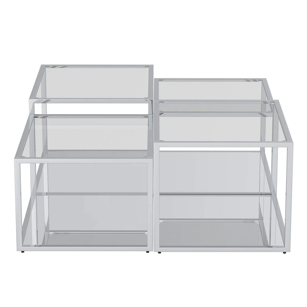 Contemporary Metal and Glass Multi-Tier Coffee Table Set of 4 - Silver