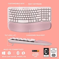 Logitech Wave Keys Wireless Ergonomic Keyboard with Cushioned Palm Rest, Comfortable Natural Typing, Easy-Switch, Bluetooth - Rose