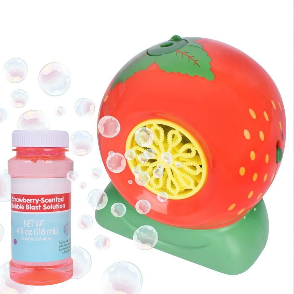 Souffleur de Bulles à la Fraise Play Day avec Solution de Bulles Parfumée de 4 oz Souffleur de bulles à la fraise!