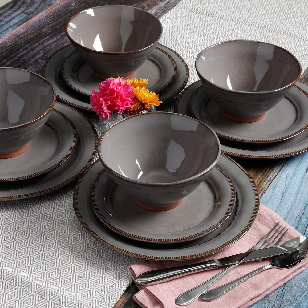 Gibson Elite Terranea 12 Piece Dinnerware Set, Grey, Terracotta