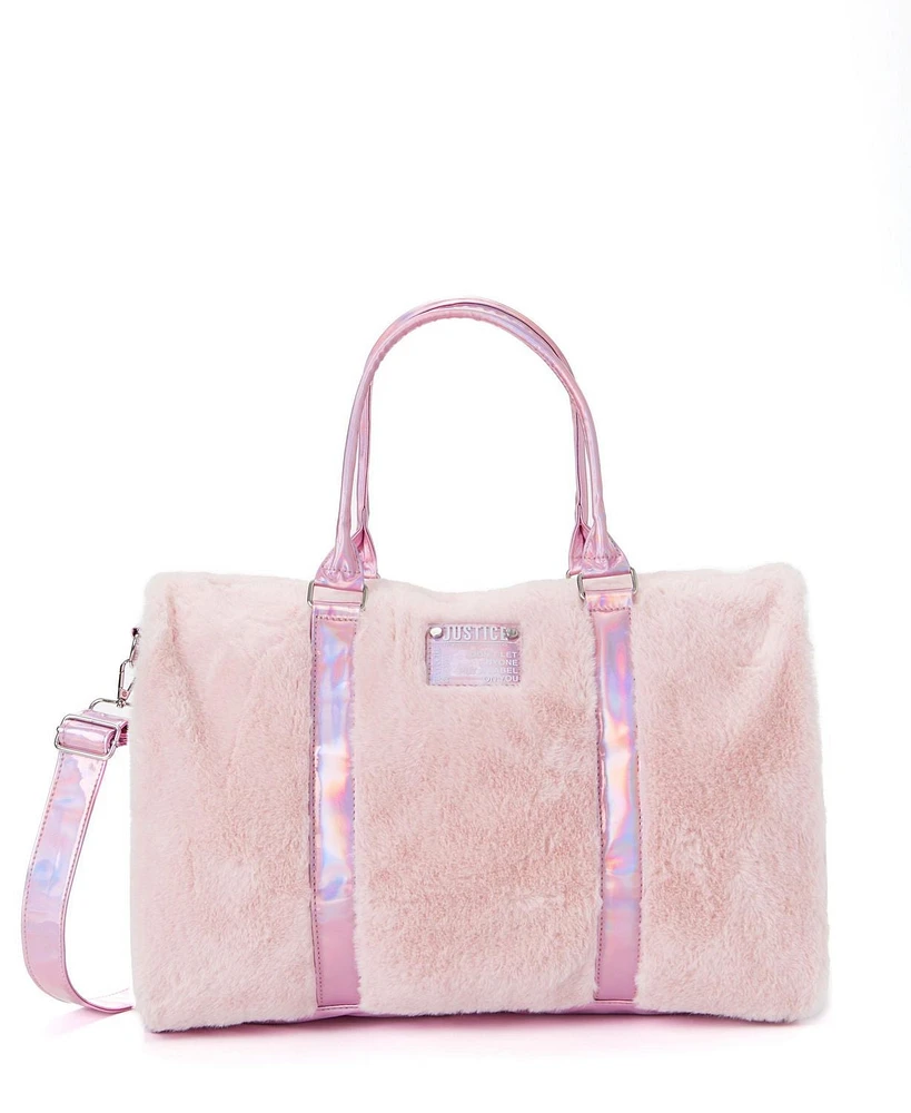 Justice Duffel Solid Faux Fur, Removable and adjustable shoulder strap.
