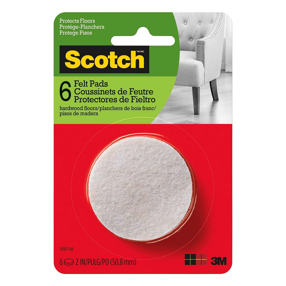 Scotch® Round Felt Pads, SP807-NA, beige, 2 in (5.08 cm), 6 per pack