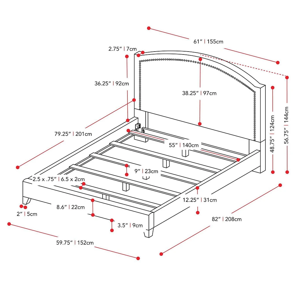 CorLiving  Fabric Bed Frame with Arched Headboard and Nailhead Trim Accents