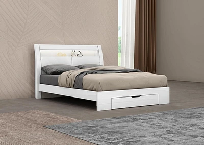 K-Living Phoebe Lit king-size blanc brillant avec lumière LED et étagères dans la tête de lit