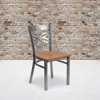 Chaise de restaurant en métal de la série HERCULES avec dossier en croix à enduit lustré - siège bois naturel