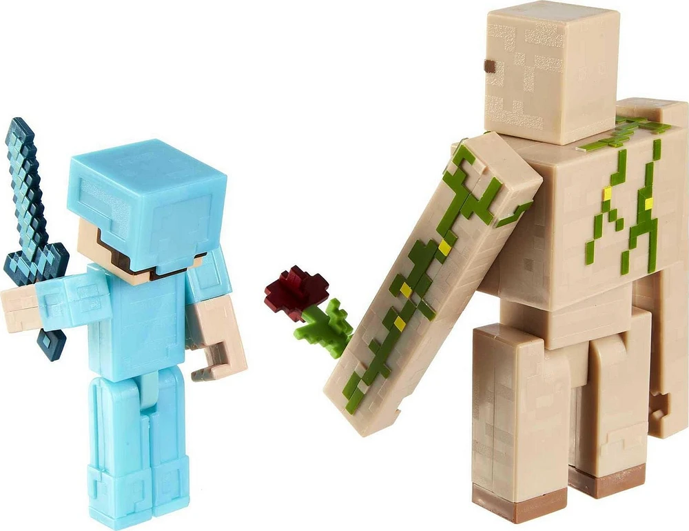 Minecraft  Steve and Iron Golem 3.25-inch Action Figure 2-Packs with 2 Figures and 2 Accessories