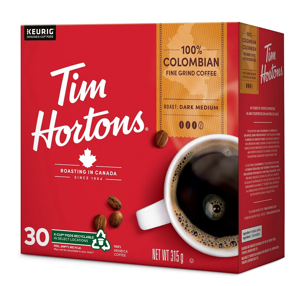 Tim Hortons 100% Colombian Dark Medium Roast Coffee, Keurig K-Cup 30ct Pods