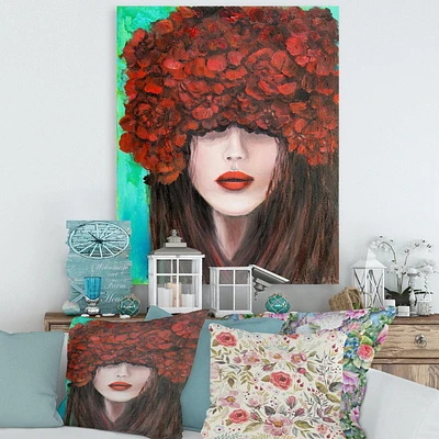 Designart Portrait d'une jeune femme aux fleurs rouges Art mural sur toile