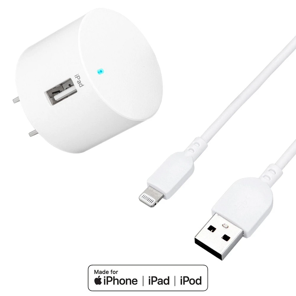 onn. 2.4 Amp USB Wall Charging Kit with 3 FT. Lightning to USB-C Cable, Travel Friendly, Folds 90˚