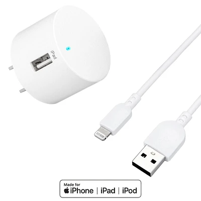 onn. 2.4 Amp USB Wall Charging Kit with 3 FT. Lightning to USB-C Cable, Travel Friendly, Folds 90˚