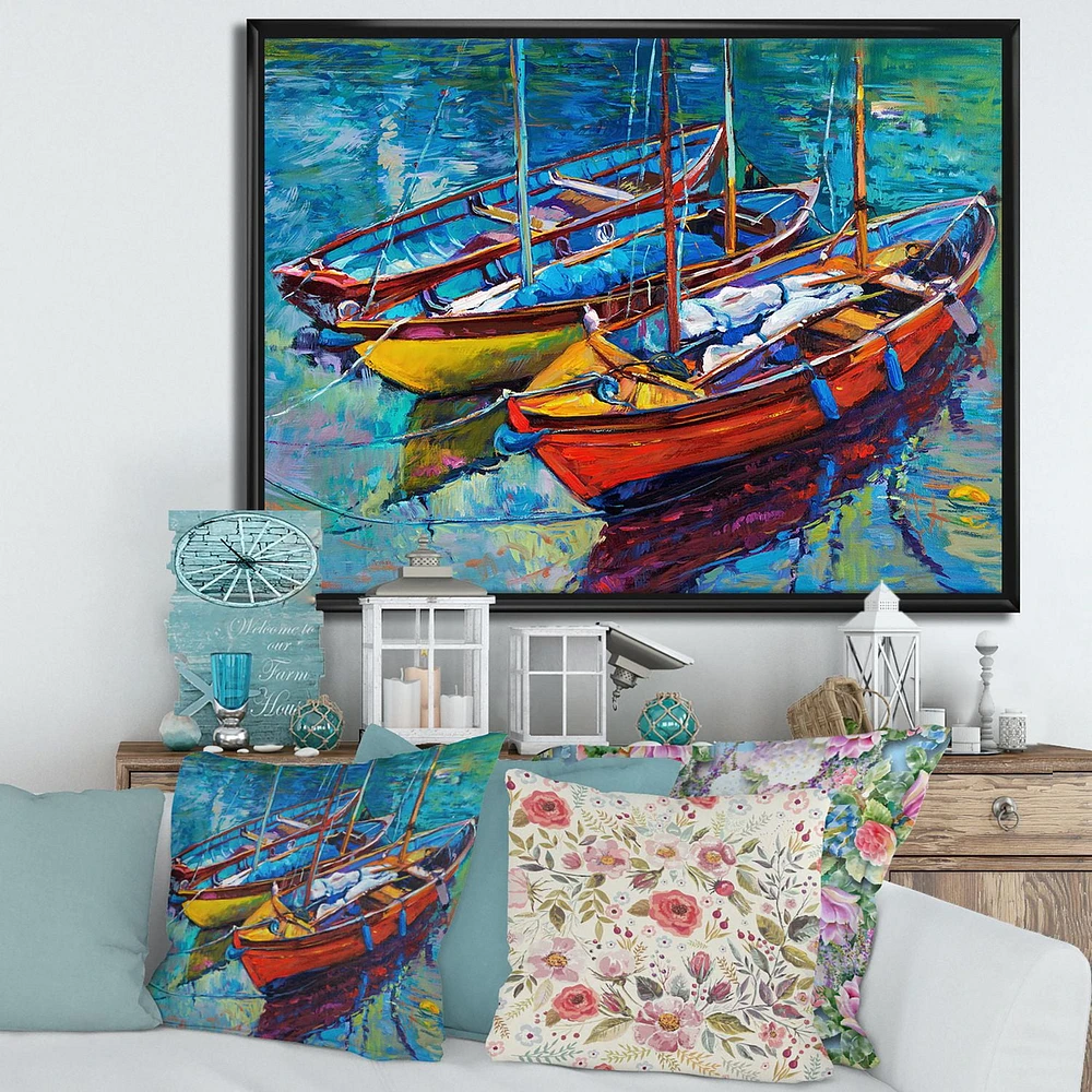 Designart Trois bateaux dans le port ART MURAL À CADRE FLOTT