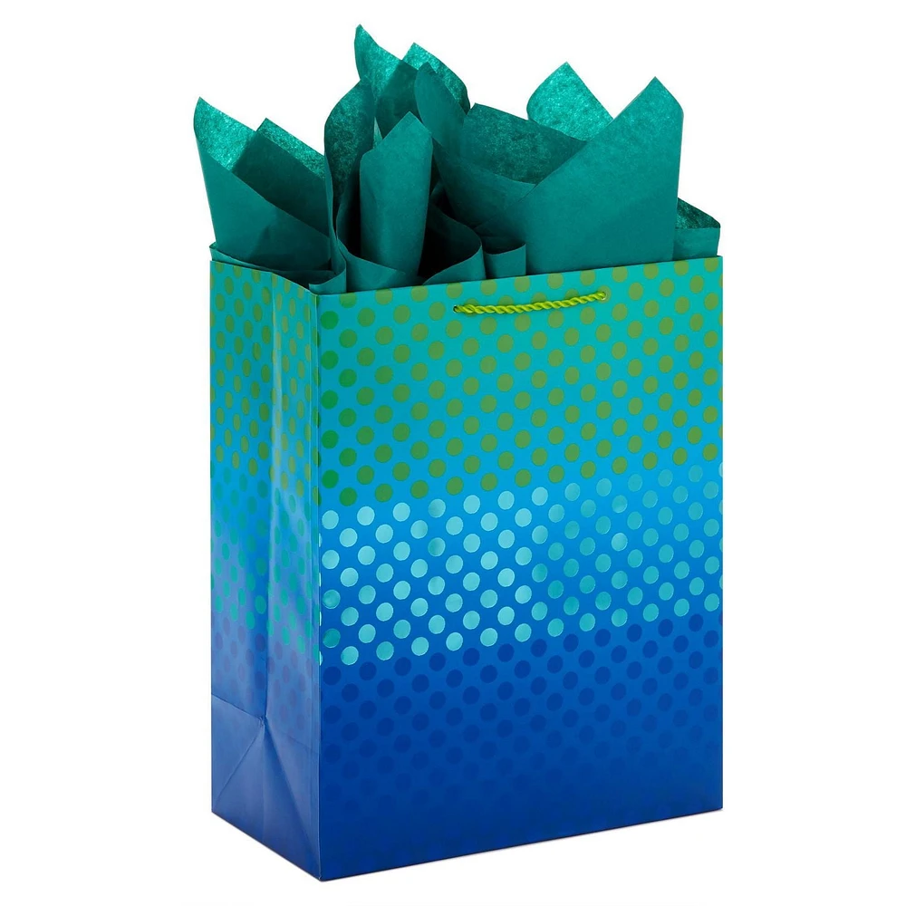 Grand sac-cadeau de 13 po avec papier de soie, Hallmark (bleu, vert, pois métallisés) pour les fêtes, la fête des Pères, les remises des diplômes
