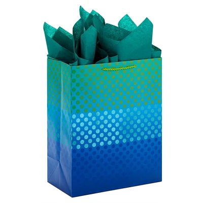 Grand sac-cadeau de 13 po avec papier de soie, Hallmark (bleu, vert, pois métallisés) pour les fêtes, la fête des Pères, les remises des diplômes